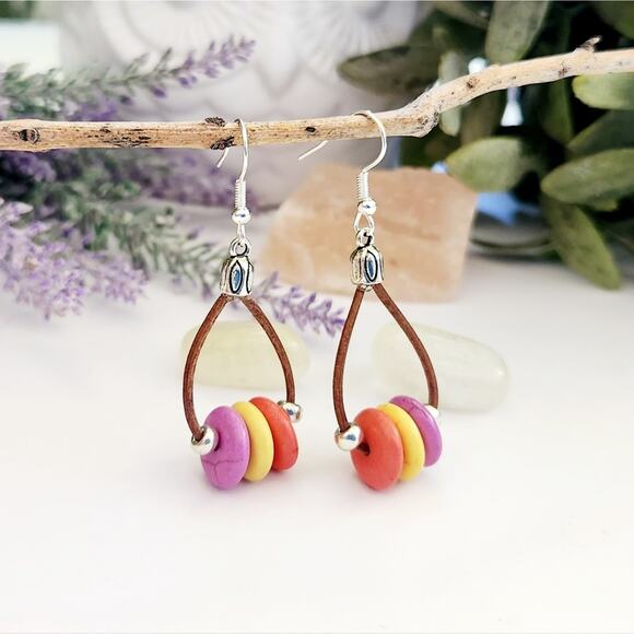 Leather Cord Dangle Earrings, Multicolor Turquoise Stone Beads Drop Earrings - Picture 2 of 9